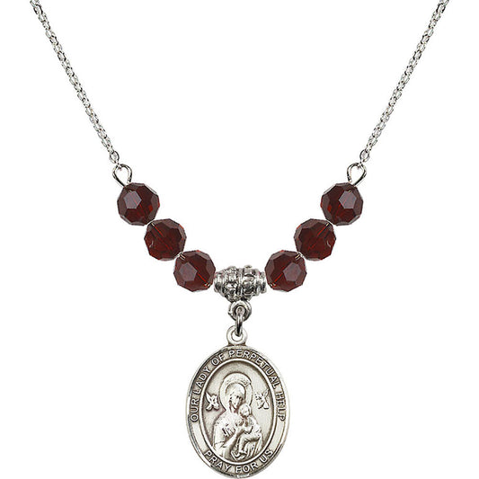 Sterling Silver Our Lady of Perpetual Help Birthstone Necklace with Garnet Beads - 8222