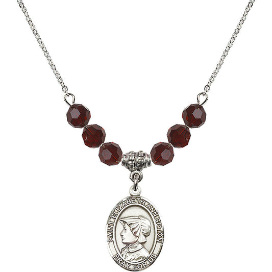 Sterling Silver Saint Elizabeth Ann Seton Birthstone Necklace with Garnet Beads - 8224