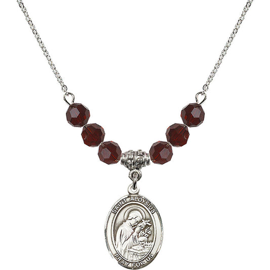 Sterling Silver Saint Aloysius Gonzaga Birthstone Necklace with Garnet Beads - 8225