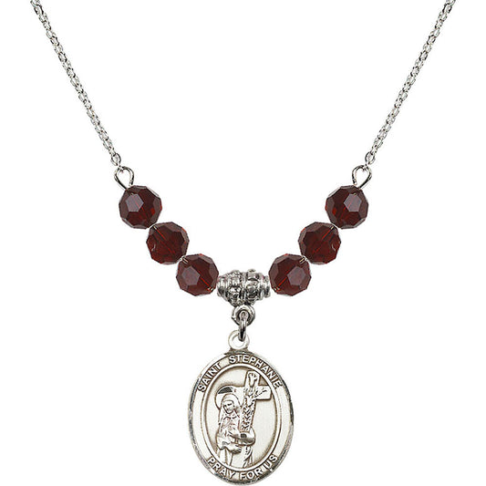 Sterling Silver Saint Stephanie Birthstone Necklace with Garnet Beads - 8228