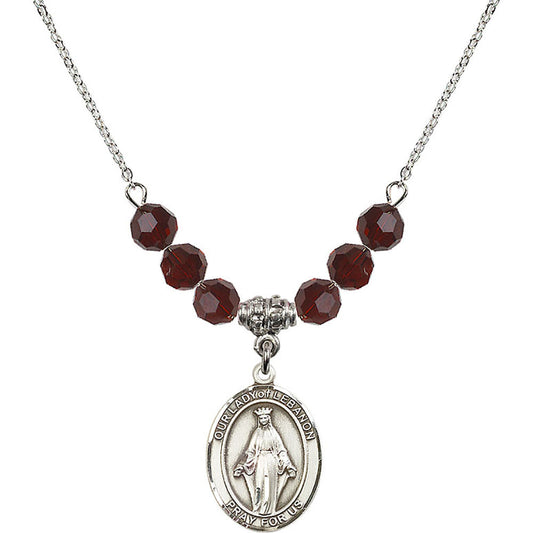 Sterling Silver Our Lady of Lebanon Birthstone Necklace with Garnet Beads - 8229