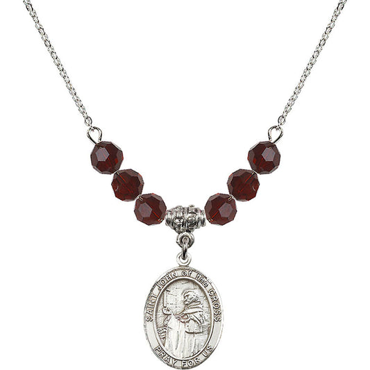 Sterling Silver Saint John of the Cross Birthstone Necklace with Garnet Beads - 8231