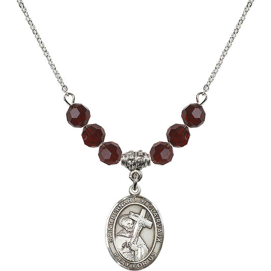 Sterling Silver Saint Bernard of Clairvaux Birthstone Necklace with Garnet Beads - 8233