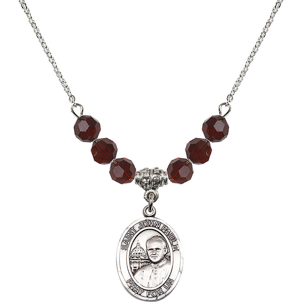 Sterling Silver Saint John Paul II Birthstone Necklace with Garnet Beads - 8234
