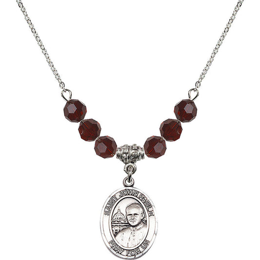 Sterling Silver Saint John Paul II Birthstone Necklace with Garnet Beads - 8234