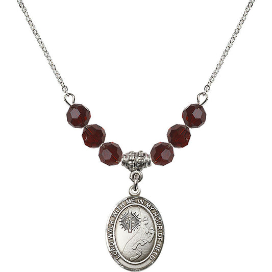 Sterling Silver Footprints / Cross Birthstone Necklace with Garnet Beads - 8237