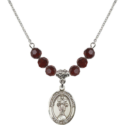 Sterling Silver Our Lady of All Nations Birthstone Necklace with Garnet Beads - 8242