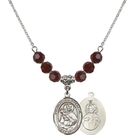 Sterling Silver Our Lady of Mount Carmel Birthstone Necklace with Garnet Beads - 8243