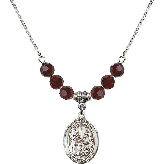 Sterling Silver Saint Zita Birthstone Necklace with Garnet Beads - 8244