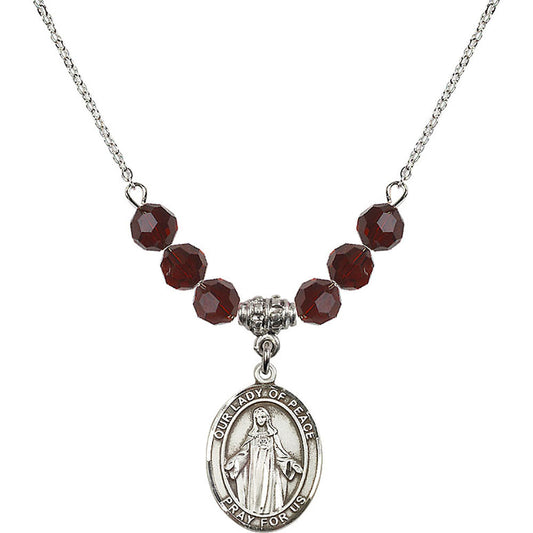 Sterling Silver Our Lady of Peace Birthstone Necklace with Garnet Beads - 8245