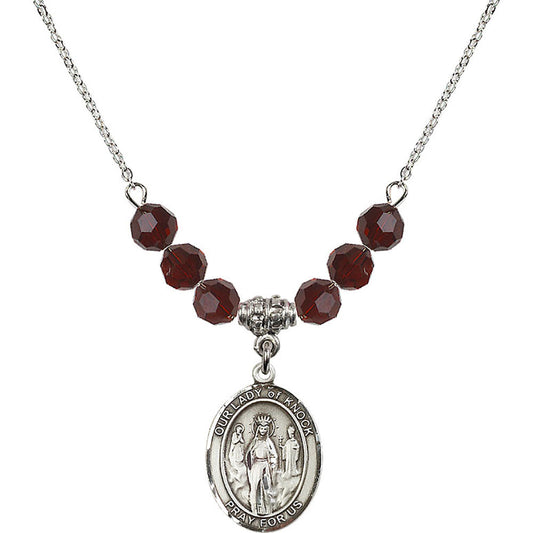 Sterling Silver Our Lady of Knock Birthstone Necklace with Garnet Beads - 8246