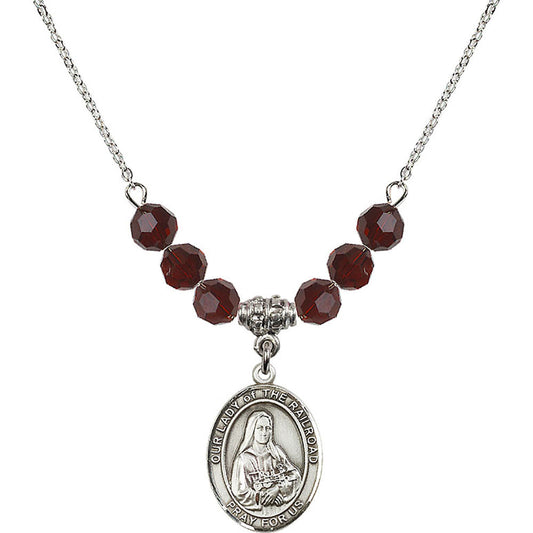 Sterling Silver Our Lady of the Railroad Birthstone Necklace with Garnet Beads - 8247