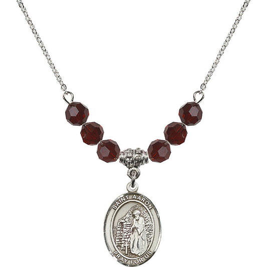 Sterling Silver Saint Aaron Birthstone Necklace with Garnet Beads - 8254