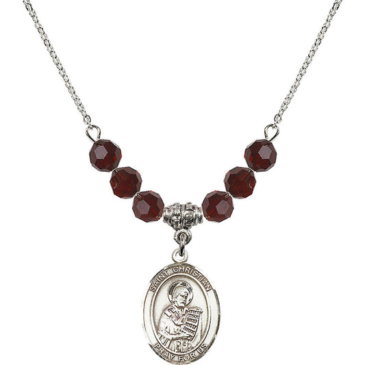 Sterling Silver Saint Christian Demosthenes Birthstone Necklace with Garnet Beads - 8257