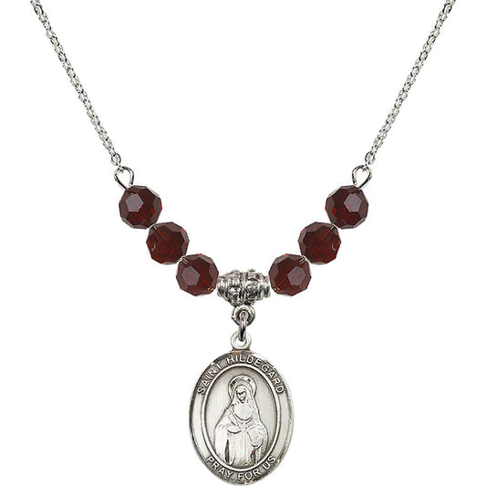 Sterling Silver Saint Hildegard von Bingen Birthstone Necklace with Garnet Beads - 8260
