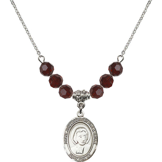 Sterling Silver Saint John Baptist de la Salle Birthstone Necklace with Garnet Beads - 8262