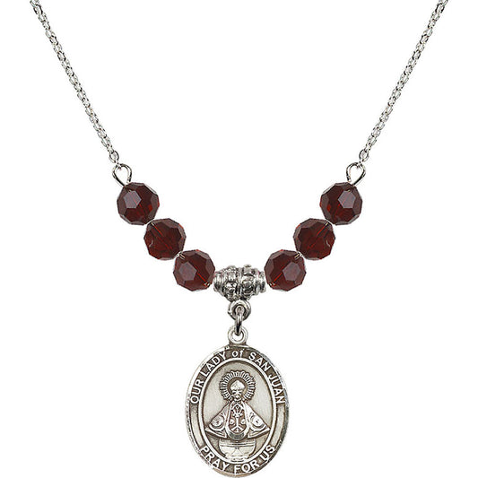 Sterling Silver Our Lady of San Juan Birthstone Necklace with Garnet Beads - 8263
