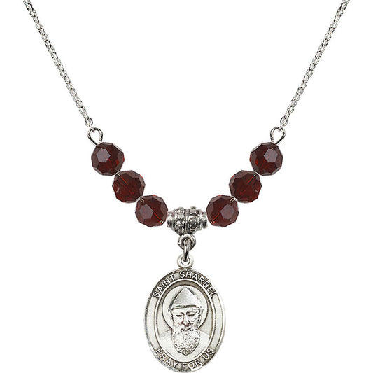 Sterling Silver Saint Sharbel Birthstone Necklace with Garnet Beads - 8271