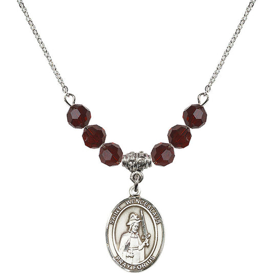 Sterling Silver Saint Wenceslaus Birthstone Necklace with Garnet Beads - 8273