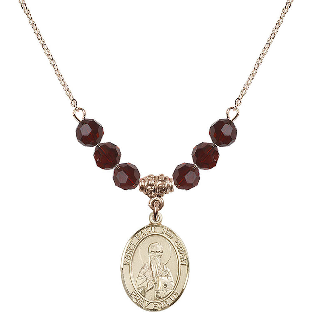 14kt Gold Filled Saint Basil the Great Birthstone Necklace with Garnet Beads - 8275
