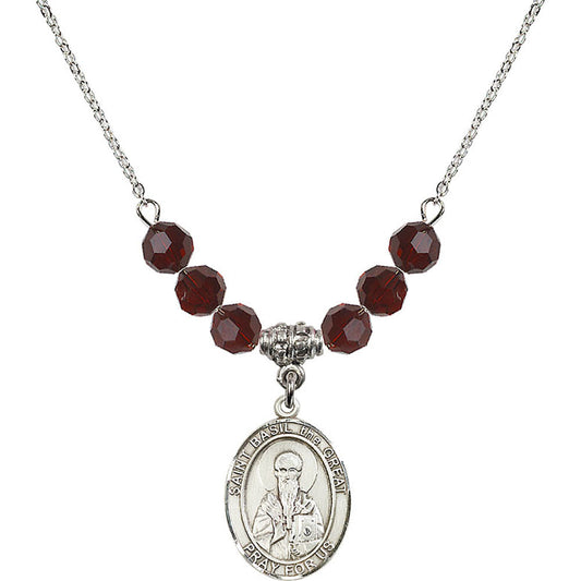 Sterling Silver Saint Basil the Great Birthstone Necklace with Garnet Beads - 8275