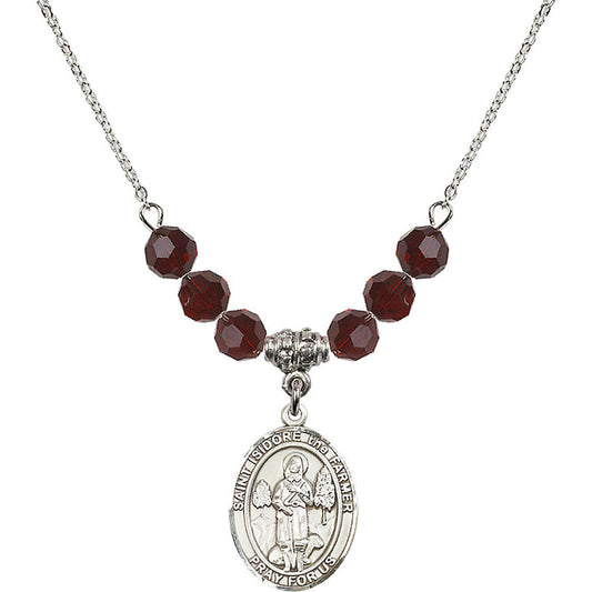 Sterling Silver Saint Isidore the Farmer Birthstone Necklace with Garnet Beads - 8276