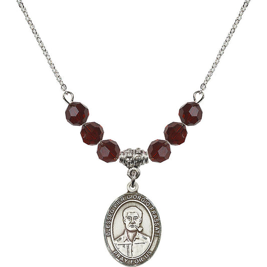 Sterling Silver Blessed Pier Giorgio Frassati Birthstone Necklace with Garnet Beads - 8278