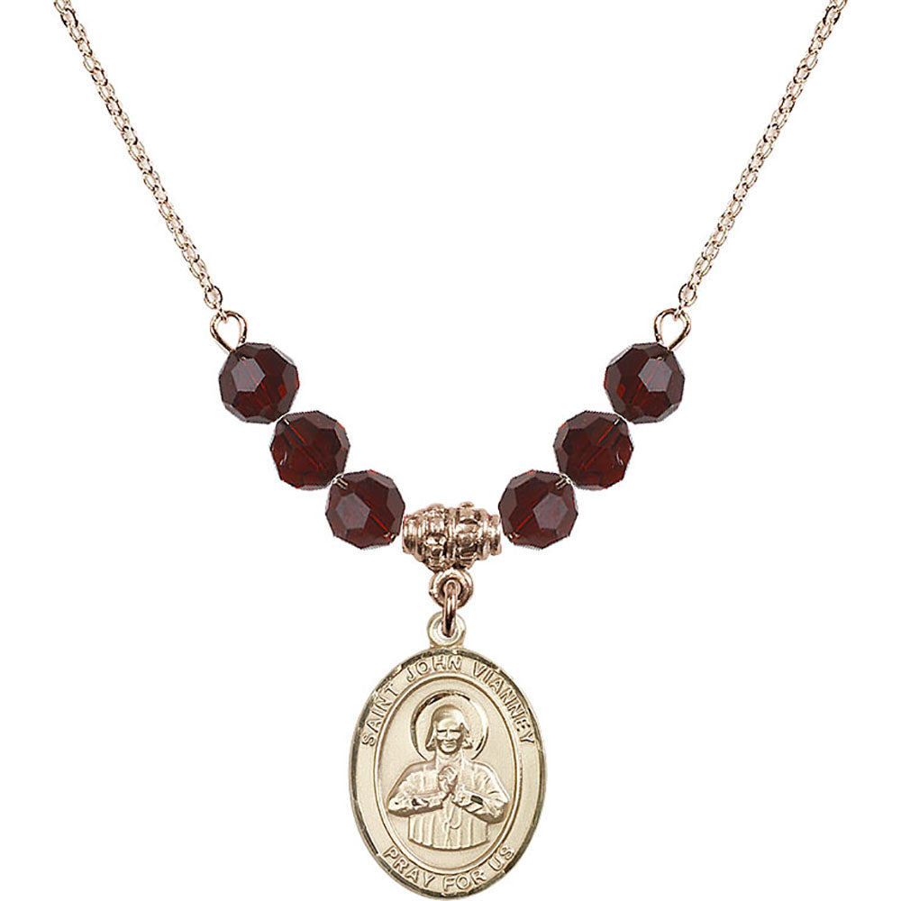 14kt Gold Filled Saint John Vianney Birthstone Necklace with Garnet Beads - 8282