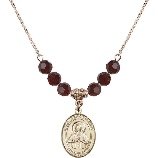 14kt Gold Filled Saint John Vianney Birthstone Necklace with Garnet Beads - 8282