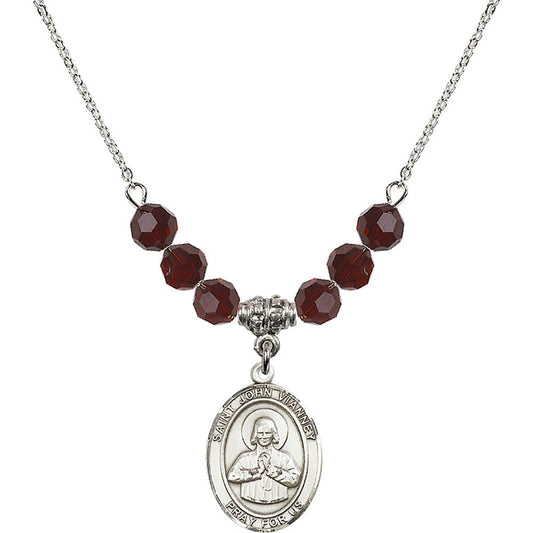 Sterling Silver Saint John Vianney Birthstone Necklace with Garnet Beads - 8282