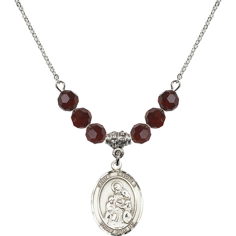 Sterling Silver Saint Angela Merici Birthstone Necklace with Garnet Beads - 8284