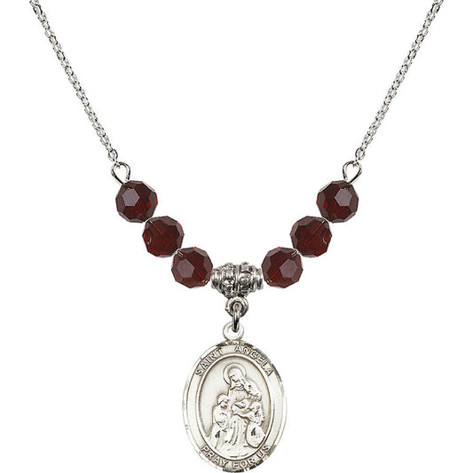 Sterling Silver Saint Angela Merici Birthstone Necklace with Garnet Beads - 8284