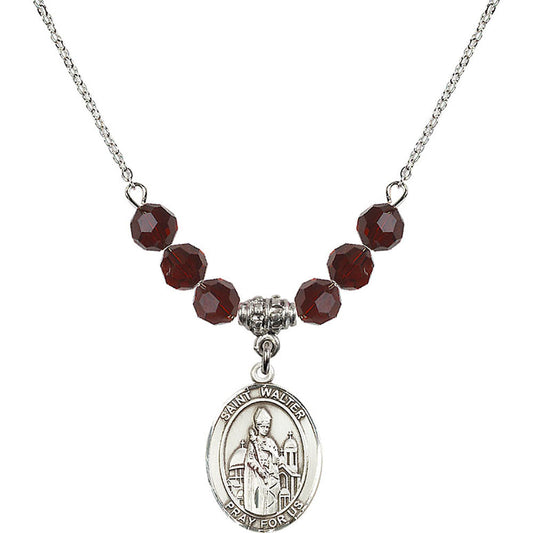 Sterling Silver Saint Walter of Pontoise Birthstone Necklace with Garnet Beads - 8285