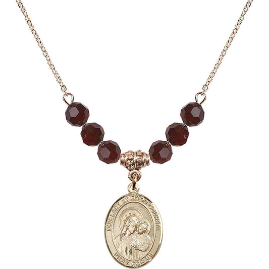 14kt Gold Filled Our Lady of Good Counsel Birthstone Necklace with Garnet Beads - 8287