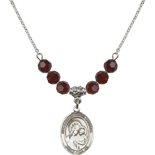 Sterling Silver Our Lady of Good Counsel Birthstone Necklace with Garnet Beads - 8287
