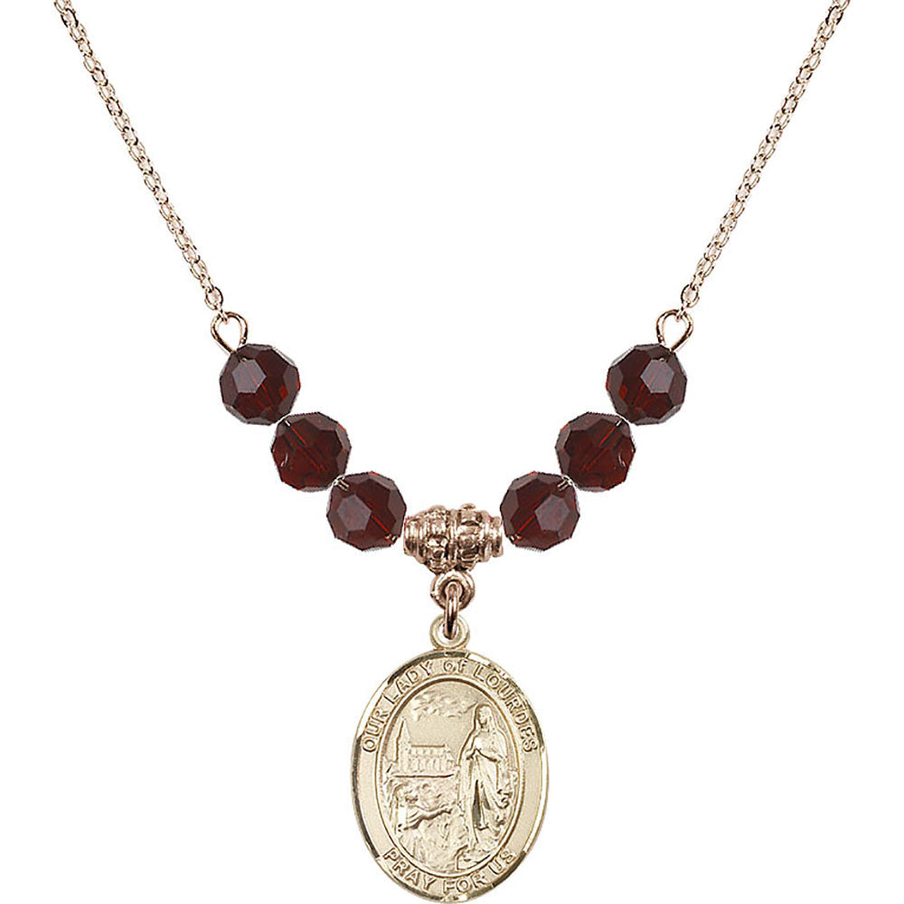 14kt Gold Filled Our Lady of Lourdes Birthstone Necklace with Garnet Beads - 8288