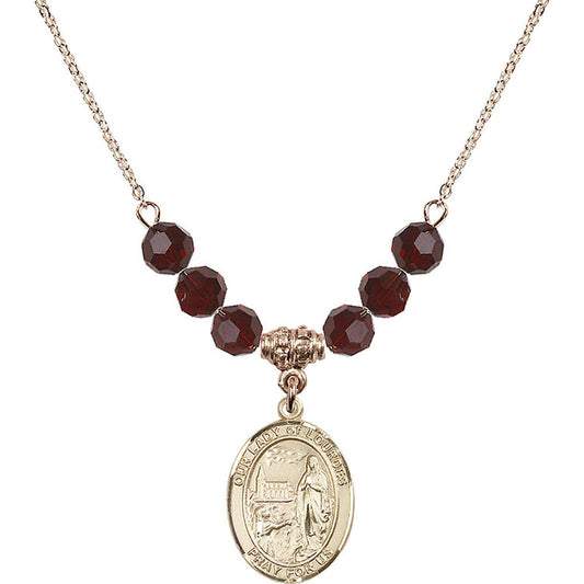 14kt Gold Filled Our Lady of Lourdes Birthstone Necklace with Garnet Beads - 8288