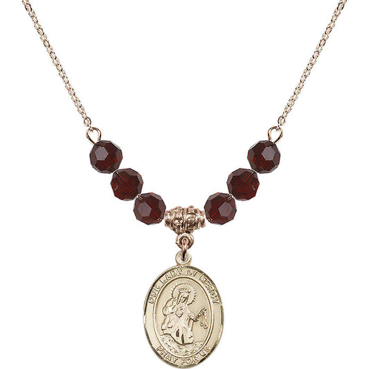 14kt Gold Filled Our Lady of Mercy Birthstone Necklace with Garnet Beads - 8289