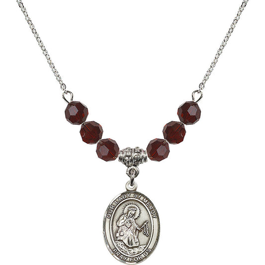 Sterling Silver Our Lady of Mercy Birthstone Necklace with Garnet Beads - 8289