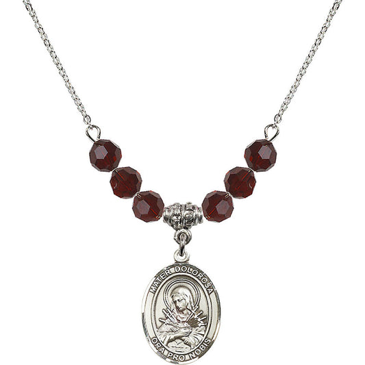 Sterling Silver Mater Dolorosa Birthstone Necklace with Garnet Beads - 8290