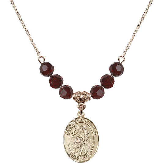 14kt Gold Filled Saint Peter Nolasco Birthstone Necklace with Garnet Beads - 8291