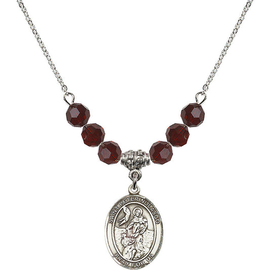 Sterling Silver Saint Peter Nolasco Birthstone Necklace with Garnet Beads - 8291