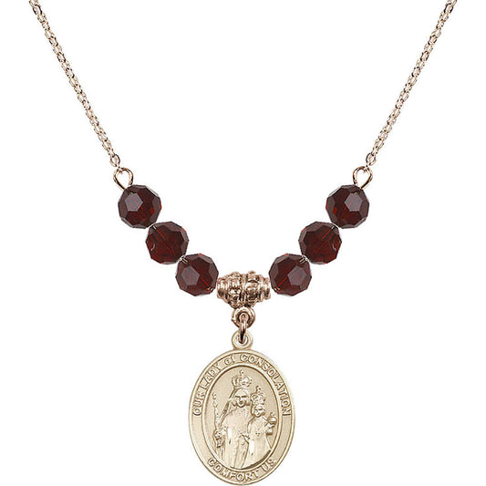 14kt Gold Filled Our Lady of Consolation Birthstone Necklace with Garnet Beads - 8292