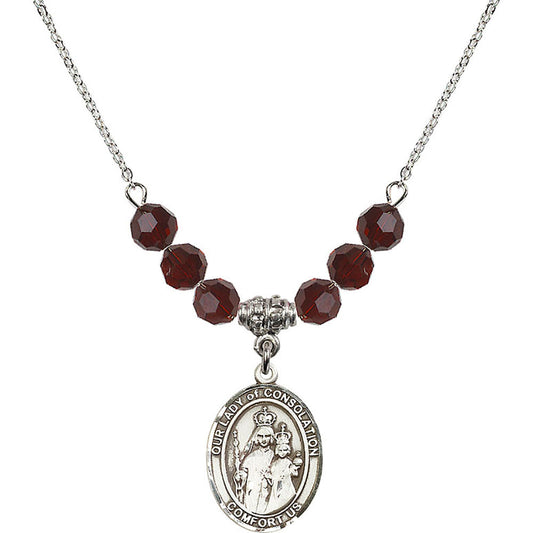 Sterling Silver Our Lady of Consolation Birthstone Necklace with Garnet Beads - 8292