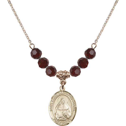 14kt Gold Filled Saint Marie Magdalen Postel Birthstone Necklace with Garnet Beads - 8294