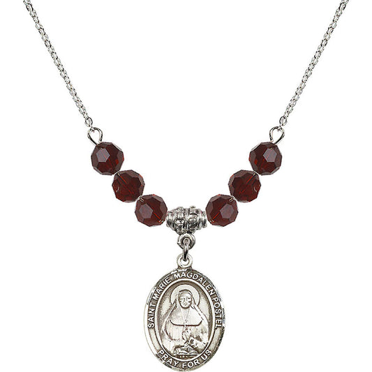 Sterling Silver Saint Marie Magdalen Postel Birthstone Necklace with Garnet Beads - 8294