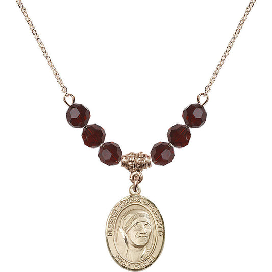 14kt Gold Filled Saint Teresa of Calcutta Birthstone Necklace with Garnet Beads - 8295