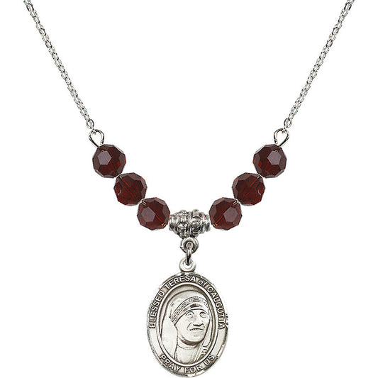 Sterling Silver Saint Teresa of Calcutta Birthstone Necklace with Garnet Beads - 8295