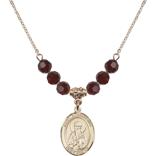 14kt Gold Filled Saint Athanasius Birthstone Necklace with Garnet Beads - 8296
