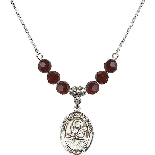 Sterling Silver Saint Lidwina of Schiedam Birthstone Necklace with Garnet Beads - 8297